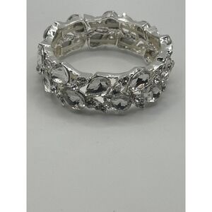 Silver Tone Rhinestone Stretch Bangle Bracelet Womens 7.5in Statement Sparkle